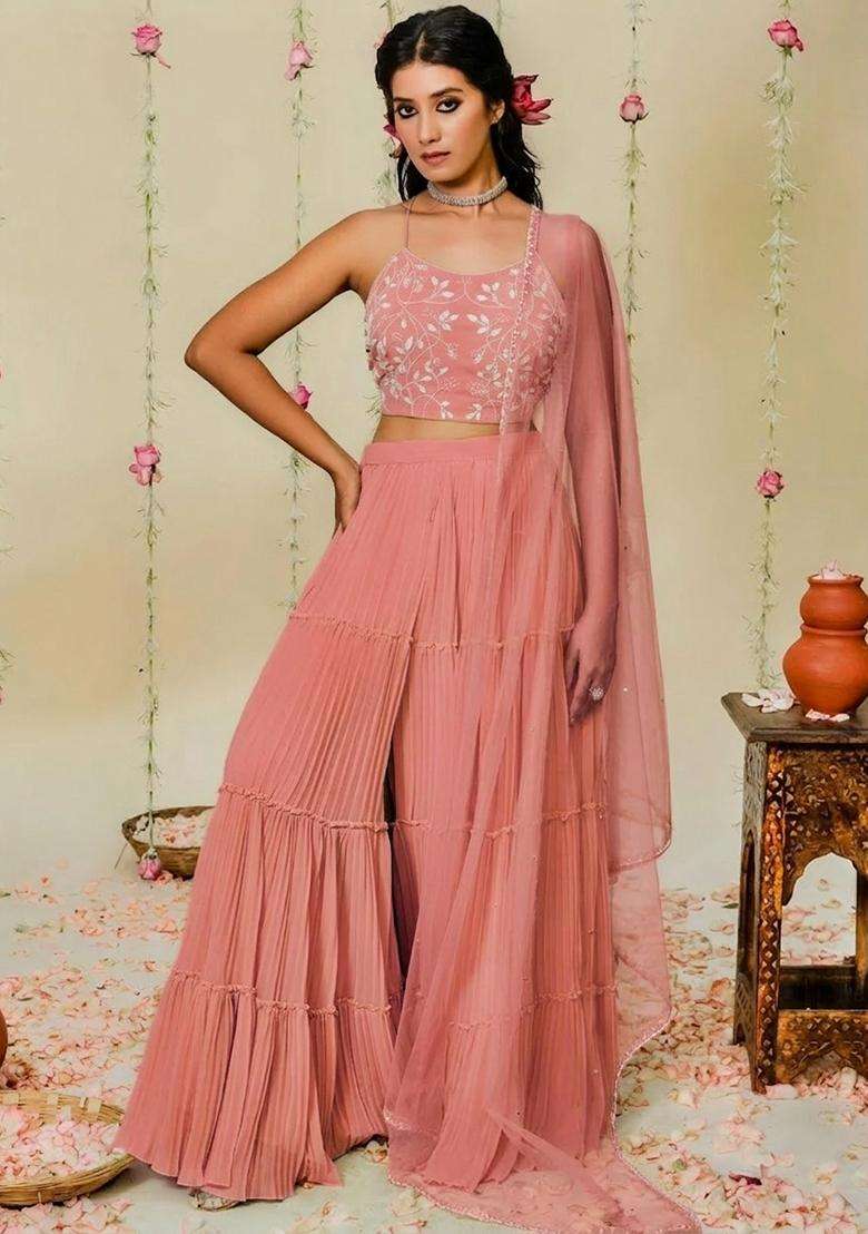 Rose Pink Hand Work Georgette Sharara Set - Indya