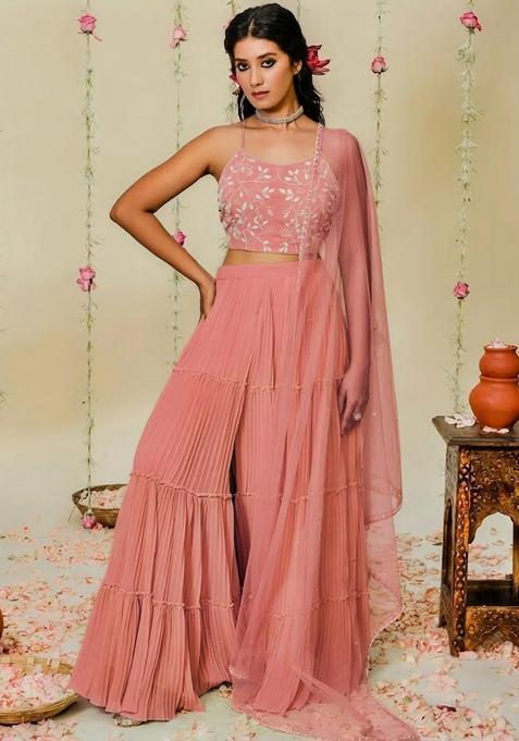 Rose Pink Hand Work Georgette Sharara Set