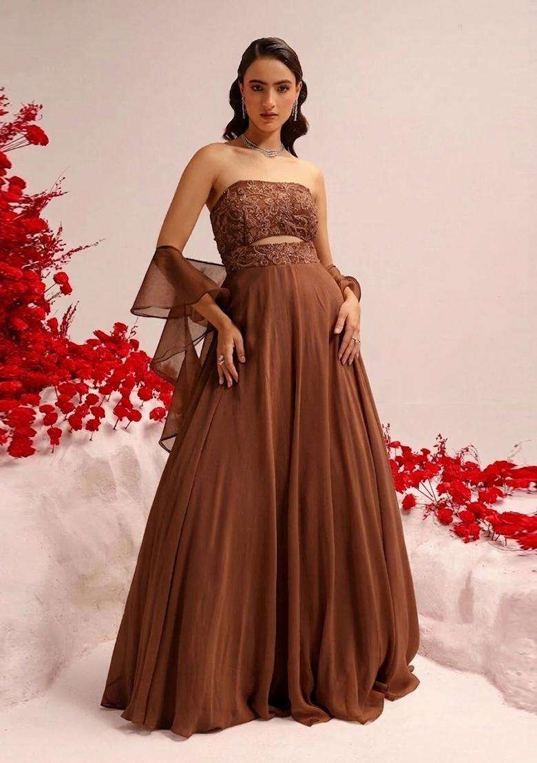 Chocolate Brown Hand Work Crepe Fusion Set - Indya