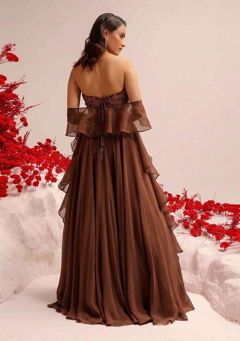 Chocolate Brown Hand Work Crepe Fusion Set - Indya