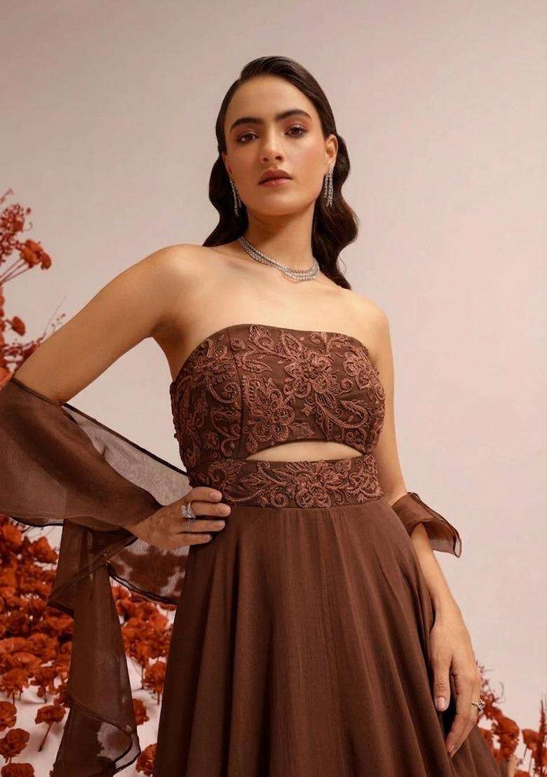 Chocolate Brown Hand Work Crepe Fusion Set - Indya