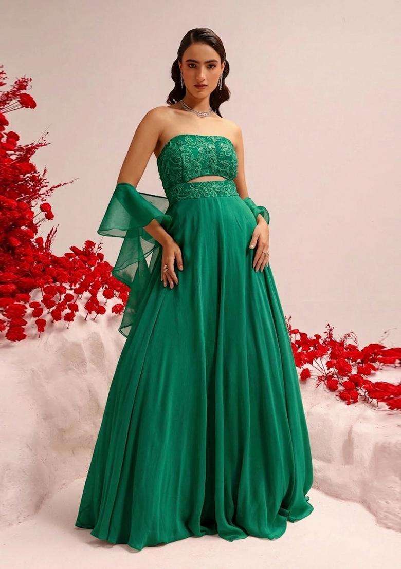 Bottle Green Hand Work Crepe Lehenga Set - Indya