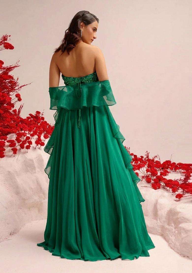 Bottle Green Hand Work Crepe Lehenga Set - Indya