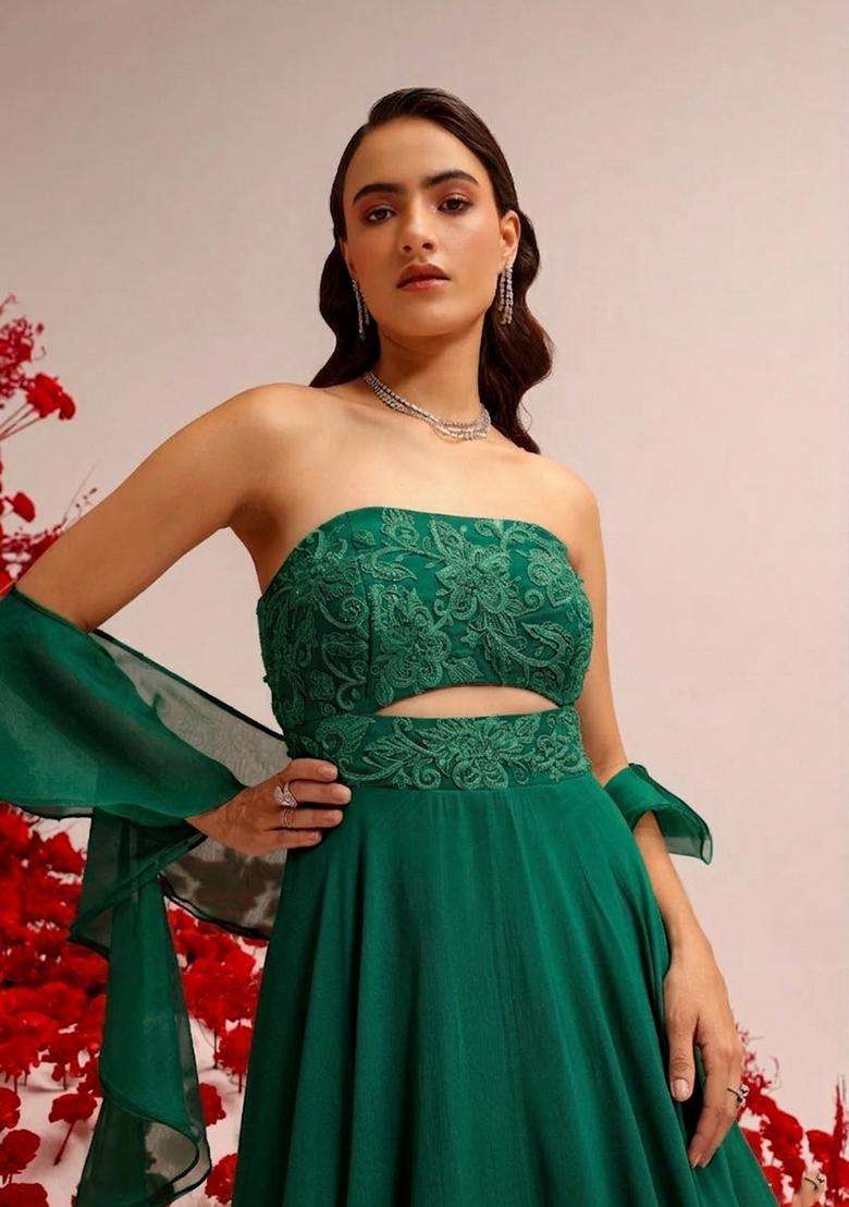 Bottle Green Hand Work Crepe Lehenga Set - Indya