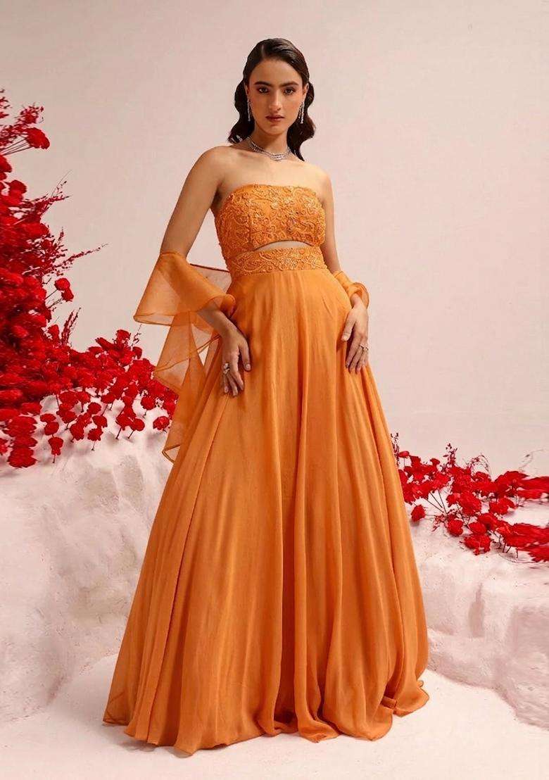 Orange Hand Work Crepe Lehenga Set - Indya