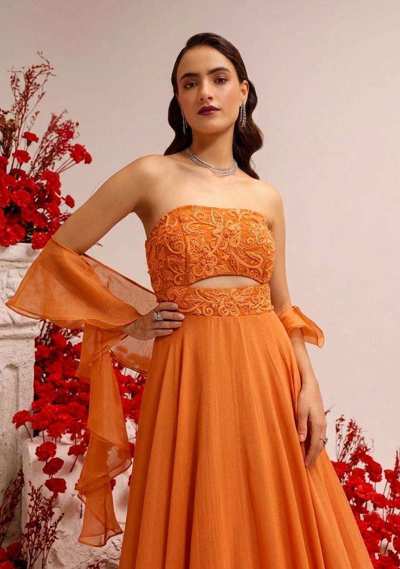 Orange Hand Work Crepe Lehenga Set - Indya
