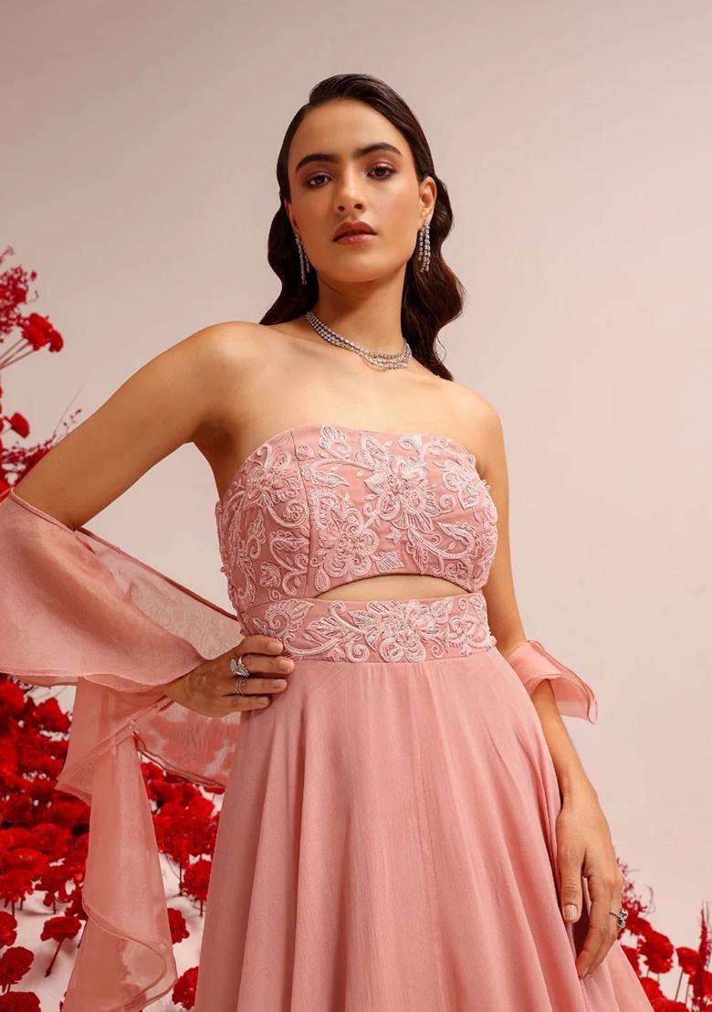 Soft Pink Hand Work Crepe Lehenga Set - Indya