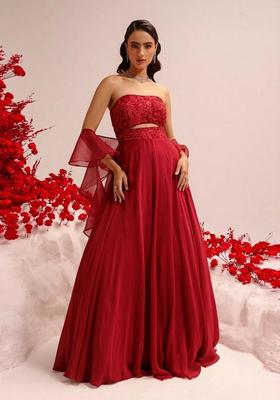 Red Hand Work Crepe Lehenga Set