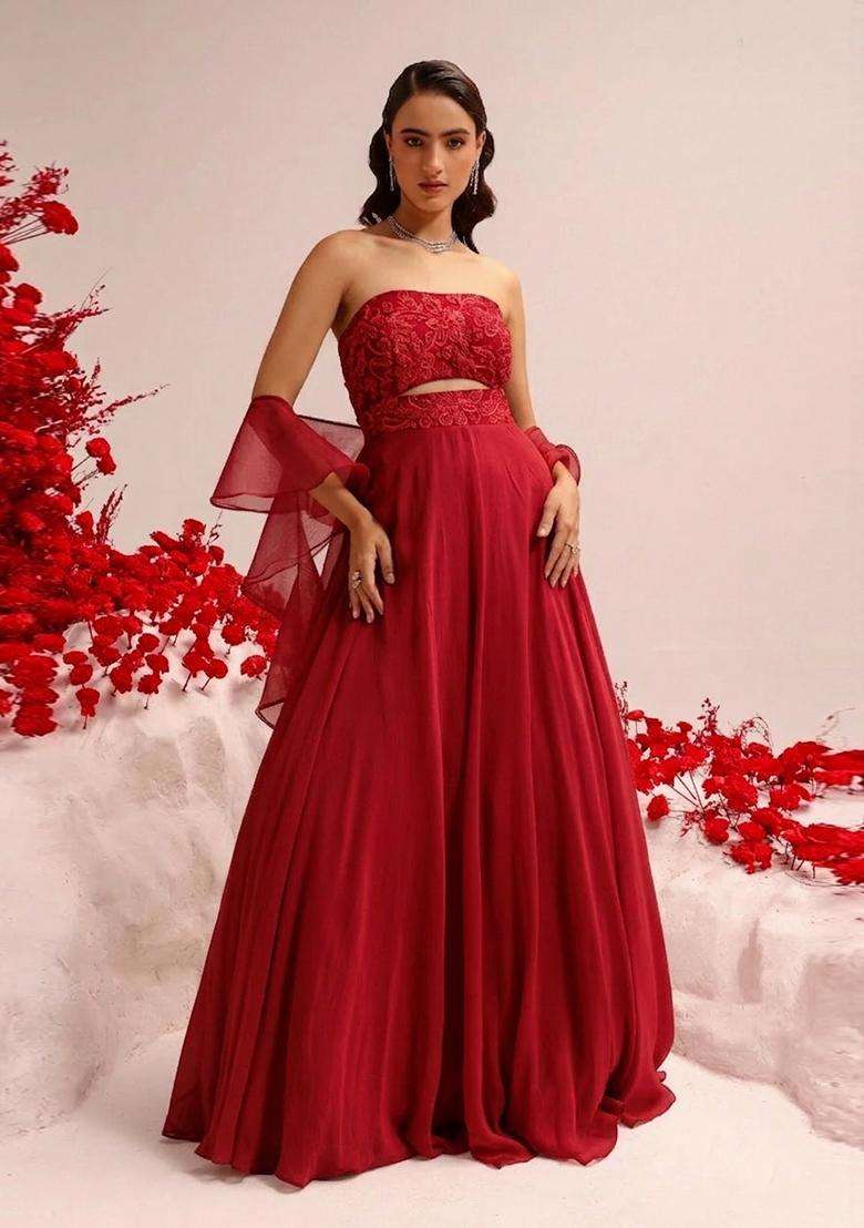 Red Hand Work Crepe Lehenga Set - Indya
