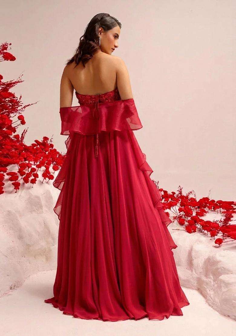 Red Hand Work Crepe Lehenga Set - Indya