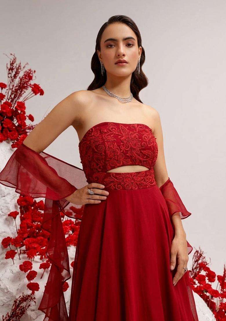 Red Hand Work Crepe Lehenga Set - Indya