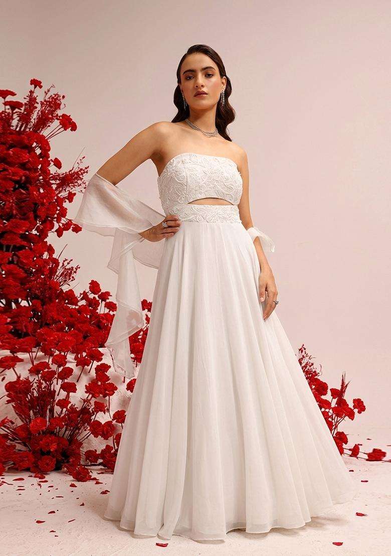 White Hand Work Crepe Lehenga Set - Indya