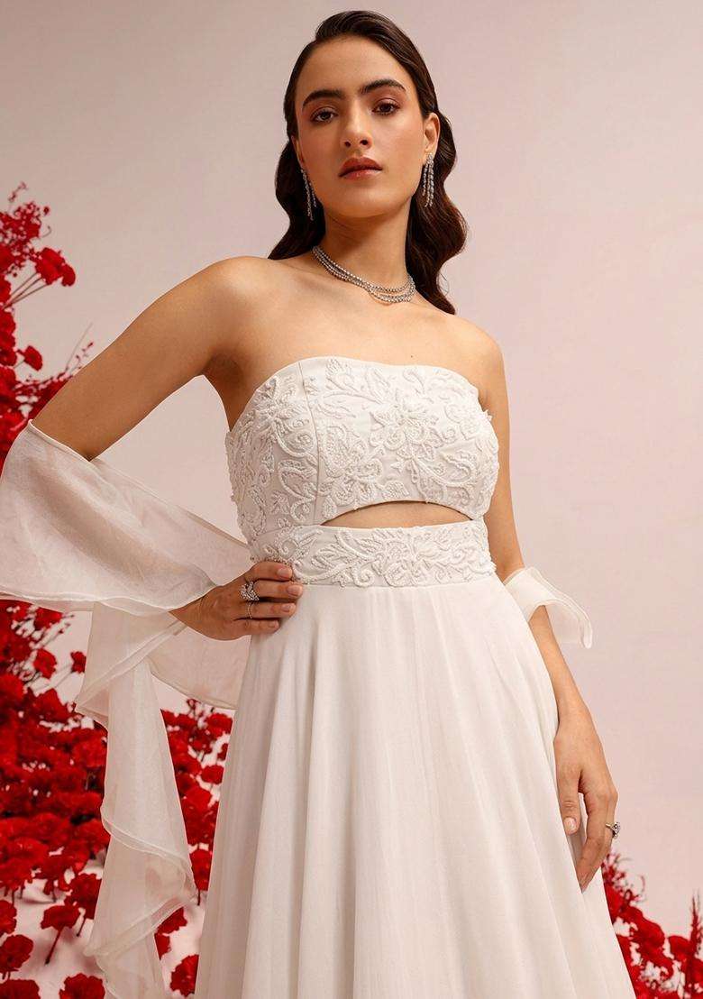 White Hand Work Crepe Lehenga Set - Indya