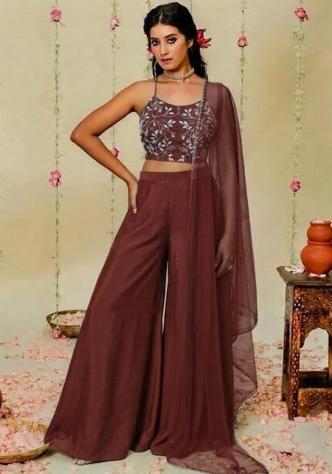 Brown Hand Work Embellished Crepe Fusion Set