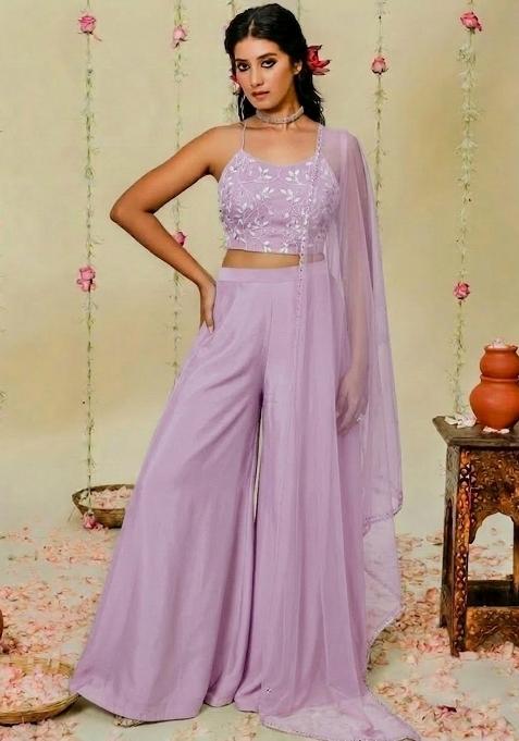 Lilac Hand Work Embellished Crepe Fusion Set