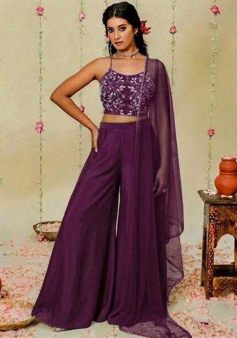 Plum Hand Work Embellished Crepe Fusion Set
