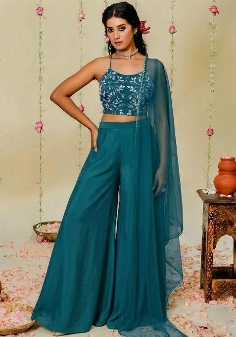 Deep Blue Hand Work Embellished Crepe Fusion Set