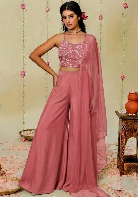 Rose Pink Hand Work Embellished Crepe Fusion Set