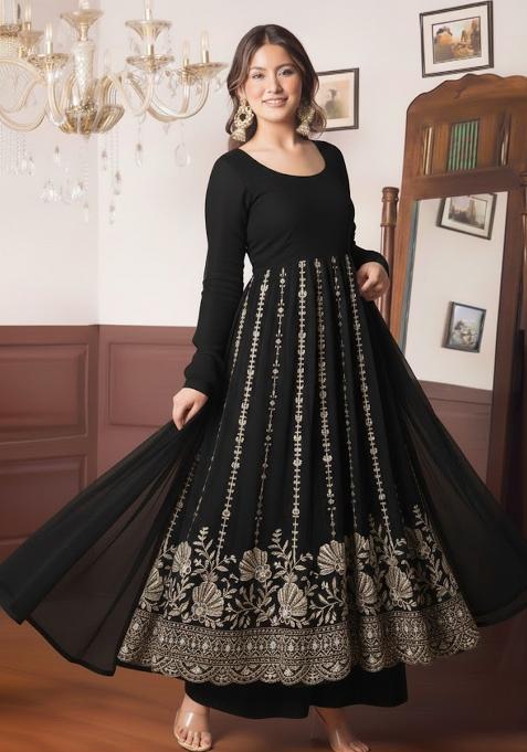 Black Embellished Crepe Anarkali Set