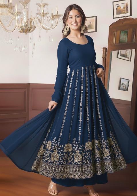 Blue Embellished Crepe Anarkali Set