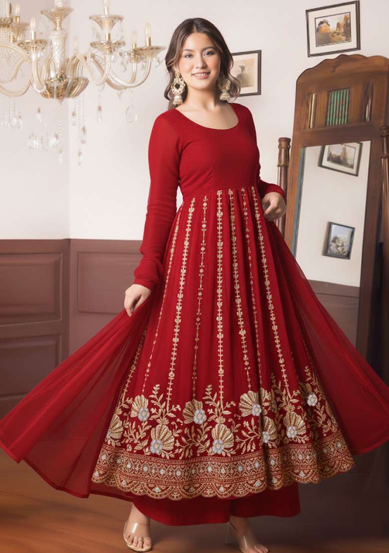 Red Embellished Crepe Anarkali Set - Indya