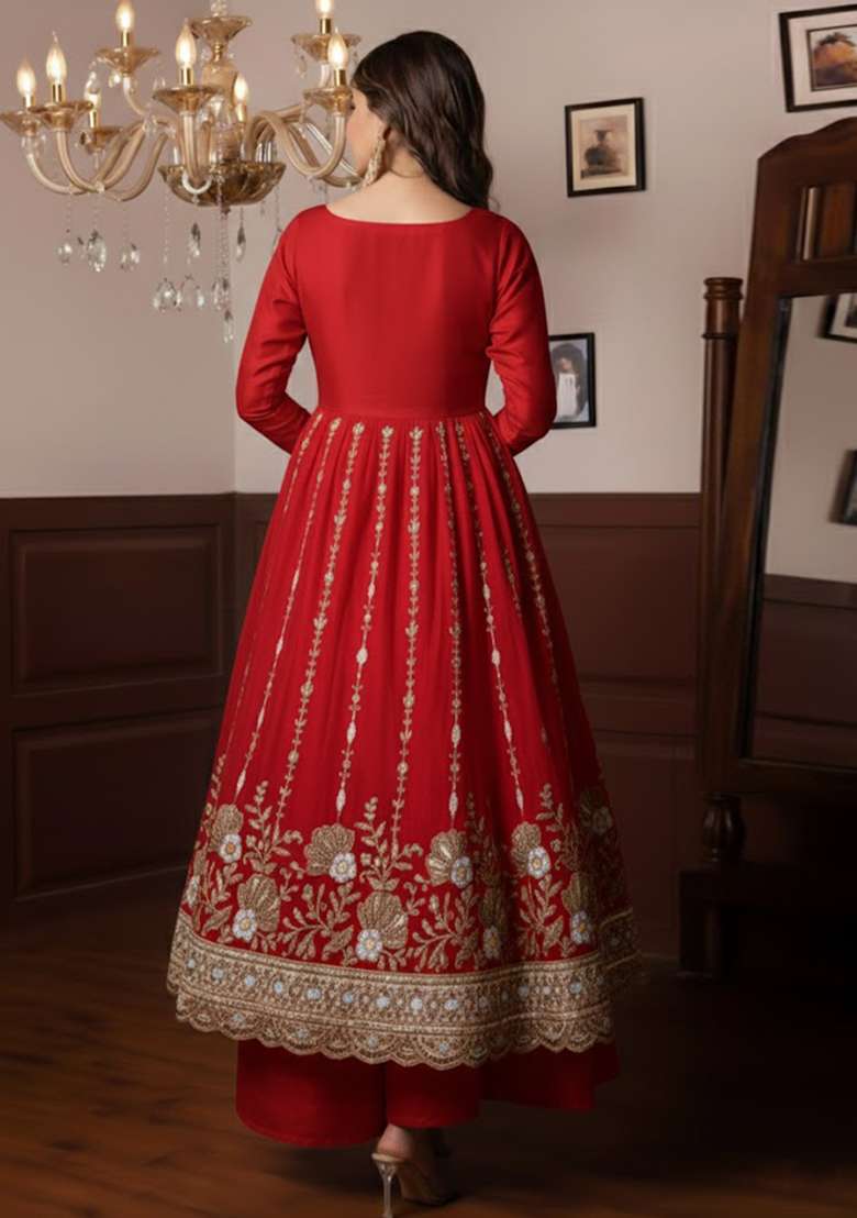 Red Embellished Crepe Anarkali Set - Indya