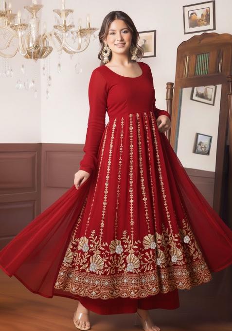 Red Embellished Crepe Anarkali Set