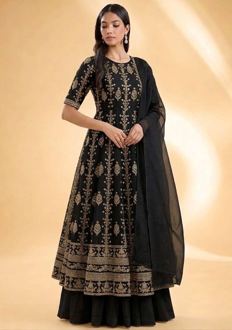 Black Embroidered Silk Anarkali Set - Indya