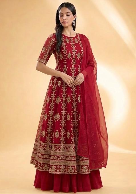 Red Embroidered Silk Anarkali Set