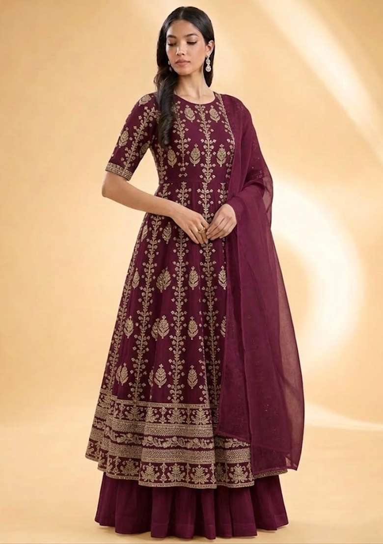 Wine Embroidered Silk Anarkali Set - Indya