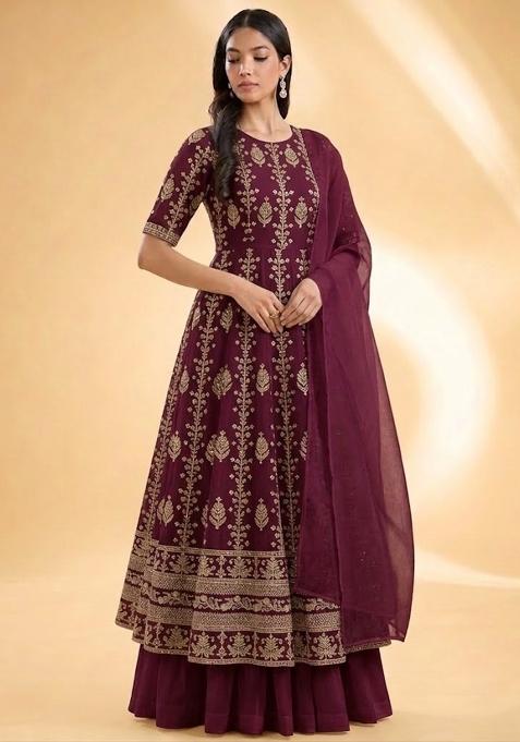 Wine Embroidered Silk Anarkali Set