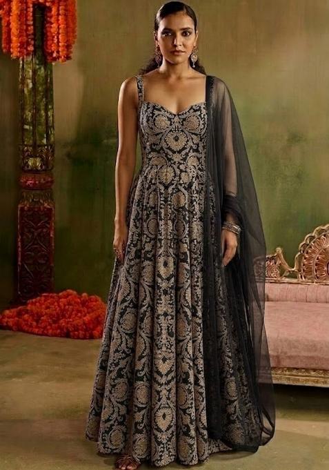 Black Silk Anarkali With Dupatta