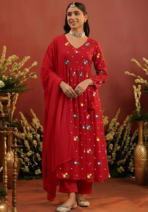 Bright Red Embroidered Chanderi Anarkali Set