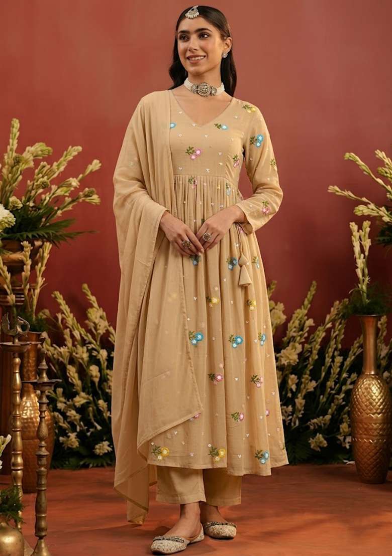 Beige Embroidered Chanderi Anarkali Set - Indya