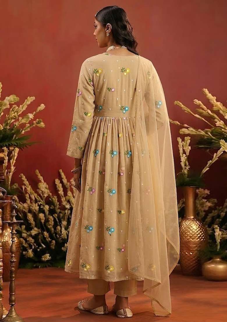 Beige Embroidered Chanderi Anarkali Set - Indya