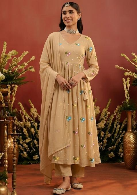 Beige Embroidered Chanderi Anarkali Set