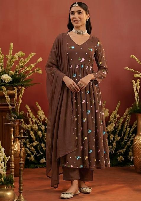 Brown Embroidered Chanderi Anarkali Set
