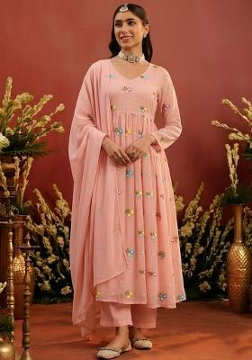 Peach Embroidered Chanderi Anarkali Set