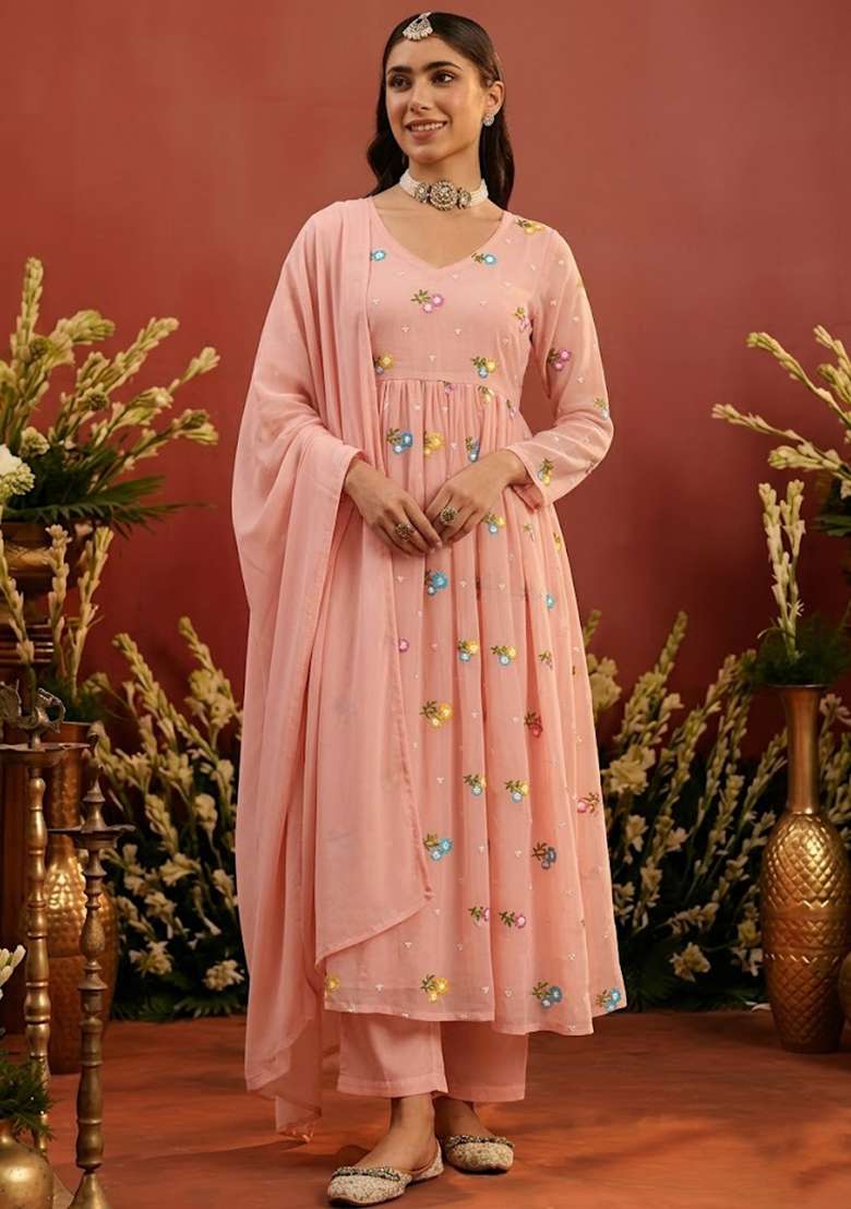 Peach Embroidered Chanderi Anarkali Set - Indya