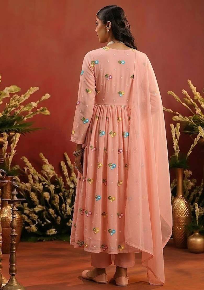 Peach Embroidered Chanderi Anarkali Set - Indya