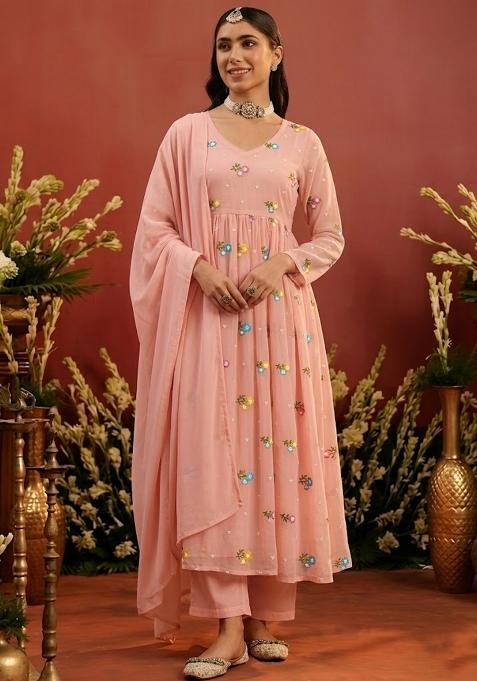 Peach Embroidered Chanderi Anarkali Set