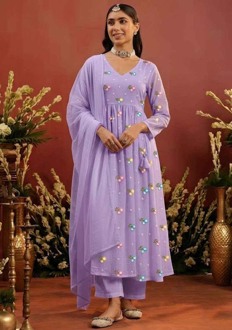 Lavender Embroidered Chanderi Anarkali Set - Indya