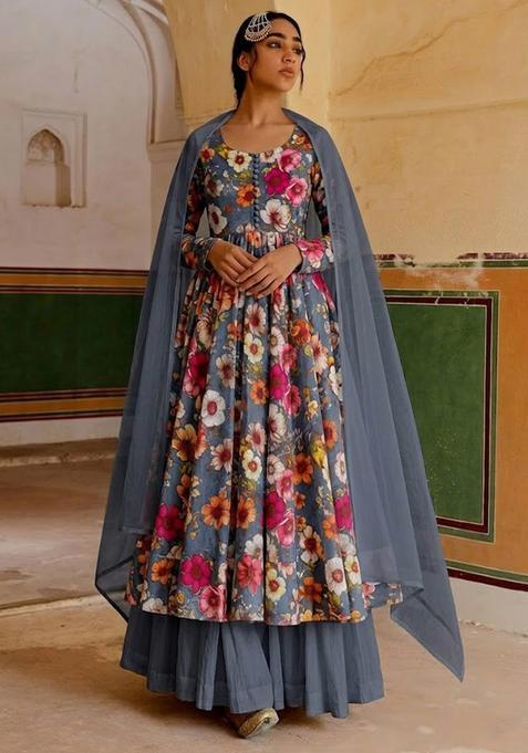 Steel Grey Floral Print Crepe Anarkali Set