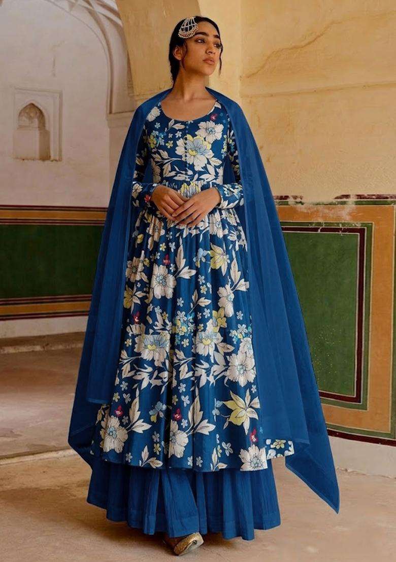 Royal Blue Floral Print Crepe Anarkali Set - Indya