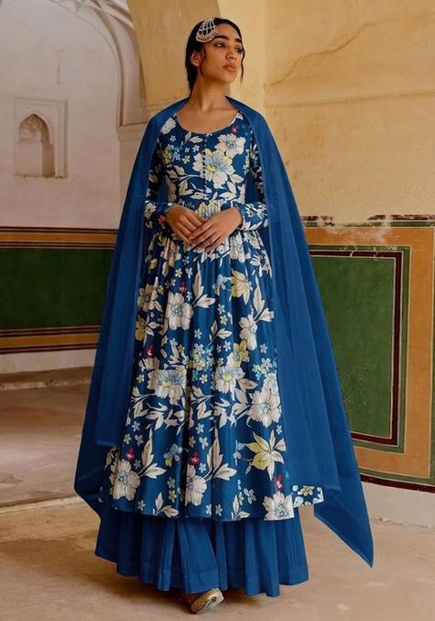 Royal Blue Floral Print Crepe Anarkali Set