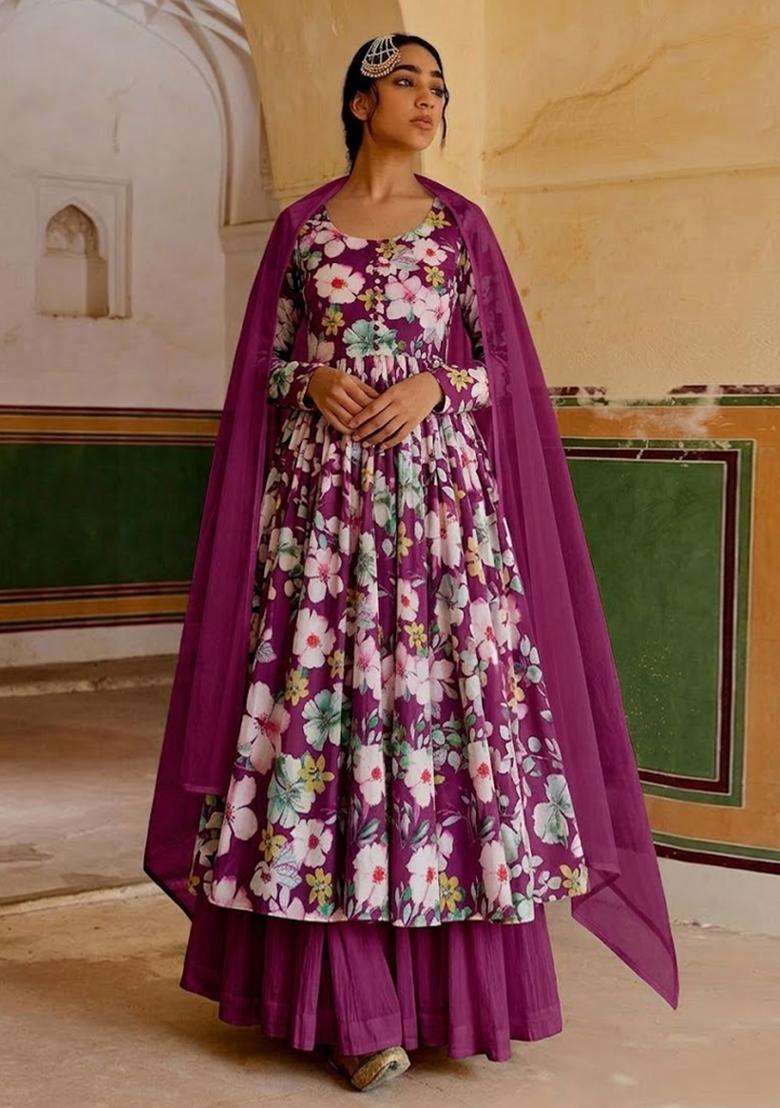 Purple Floral Print Crepe Anarkali Set - Indya