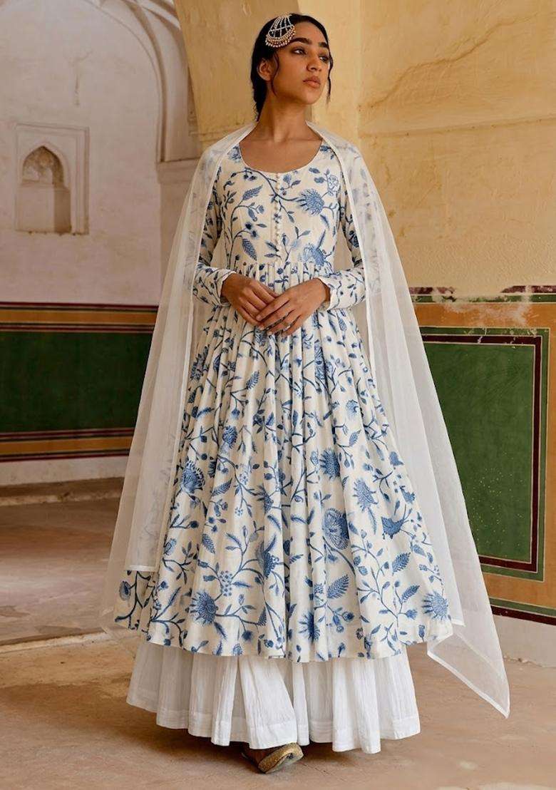 Ivory Floral Print Crepe Anarkali Set - Indya