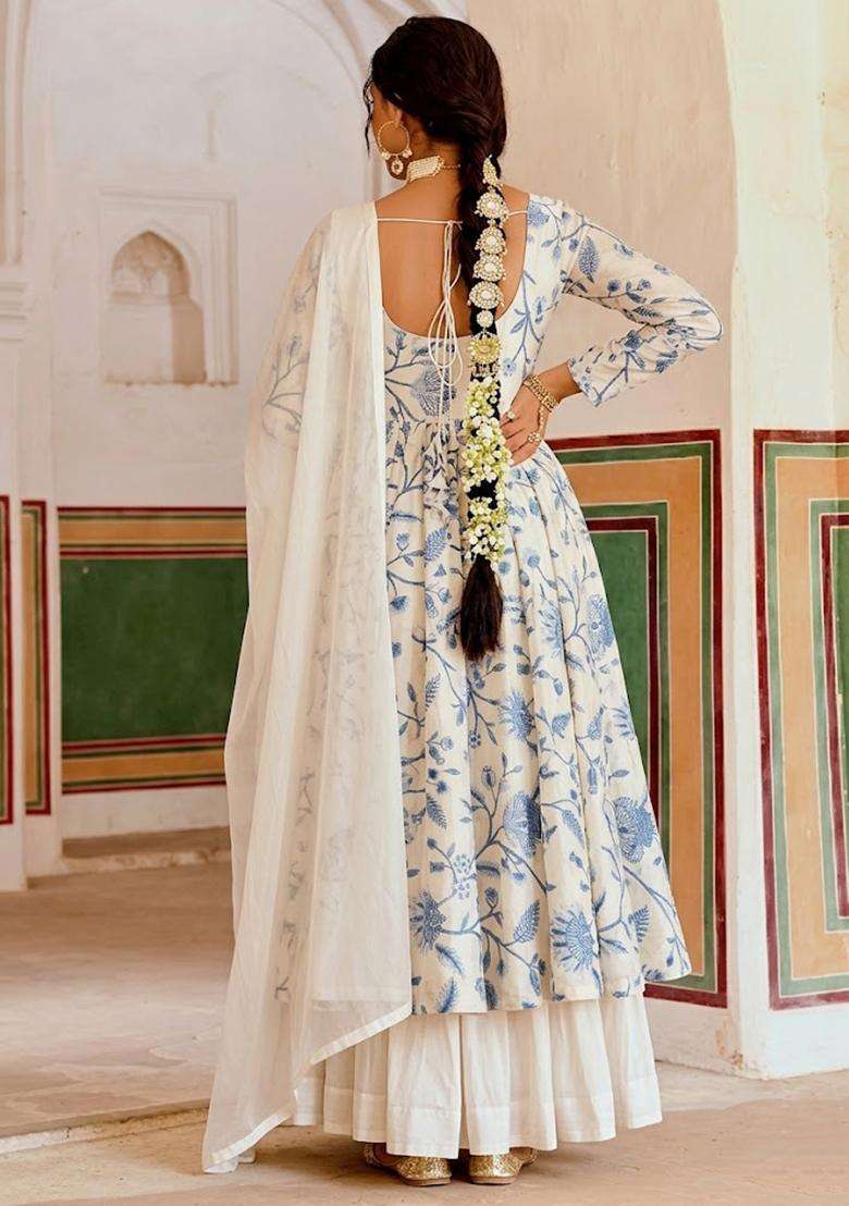 Ivory Floral Print Crepe Anarkali Set - Indya
