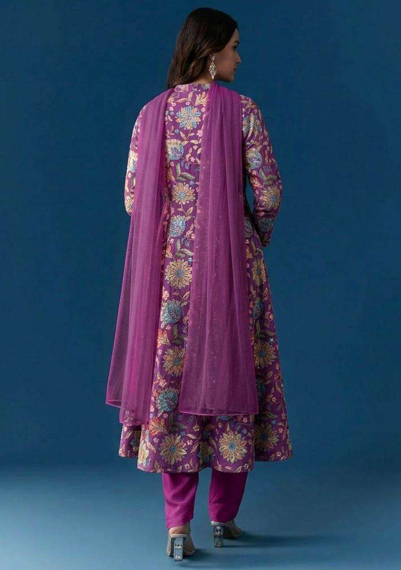Magenta Purple Floral Print Chinon Kurta Set - Indya