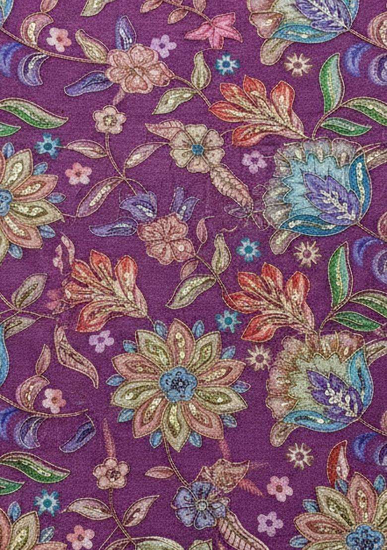 Magenta Purple Floral Print Chinon Kurta Set - Indya